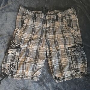VTG Rare Affliction Black Premium Plaid Cargo Shorts Mens Sz 36 Multi-Pocket Y2K